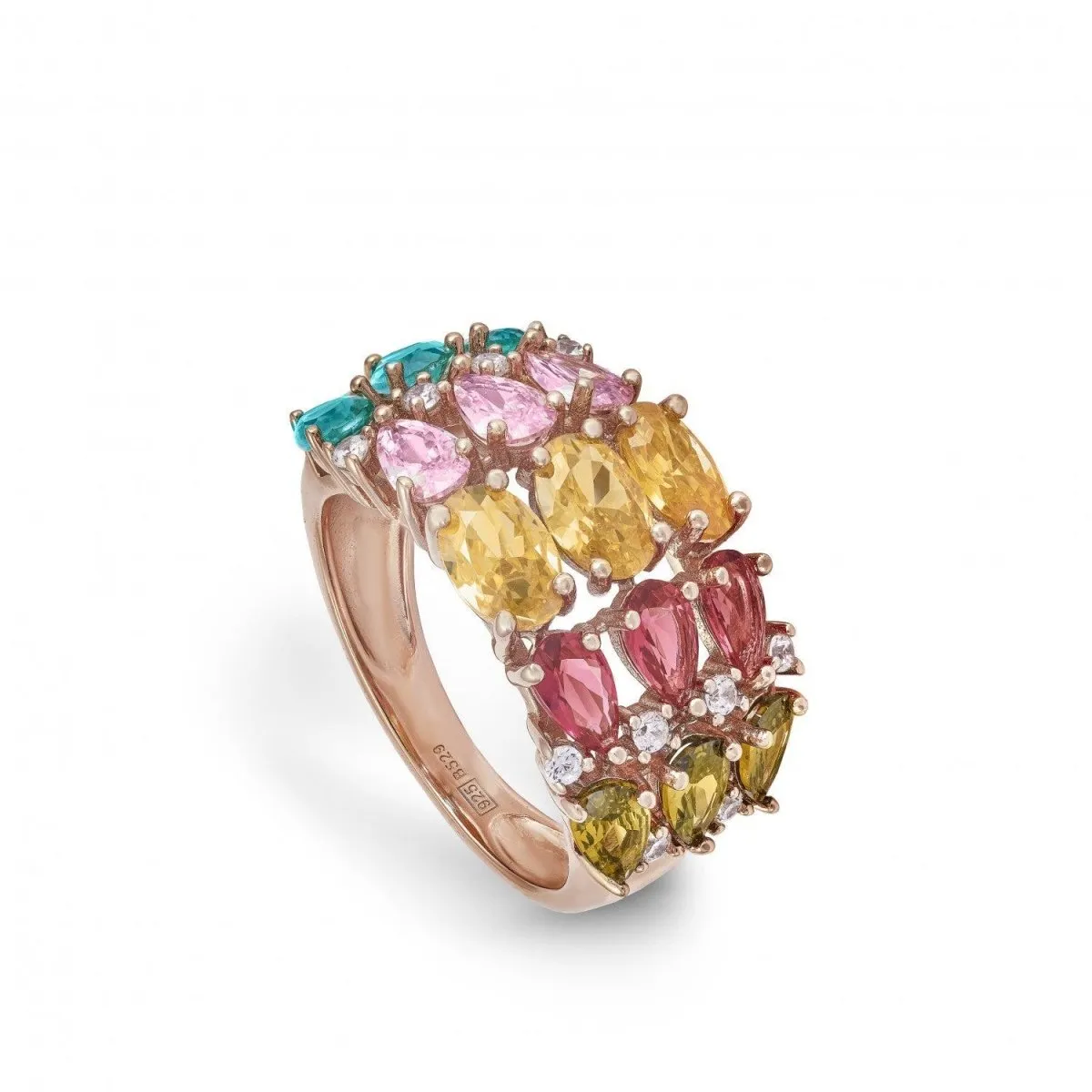 Anillos con piedras de colores y arco en tonos fríos