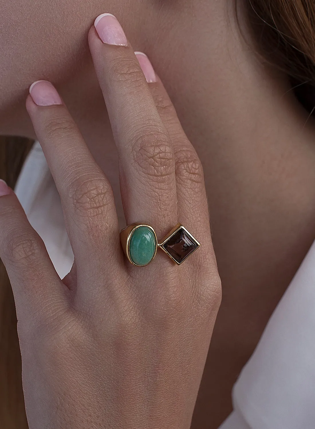 Anillos con piedras diseo doble cuarzo baado en oro