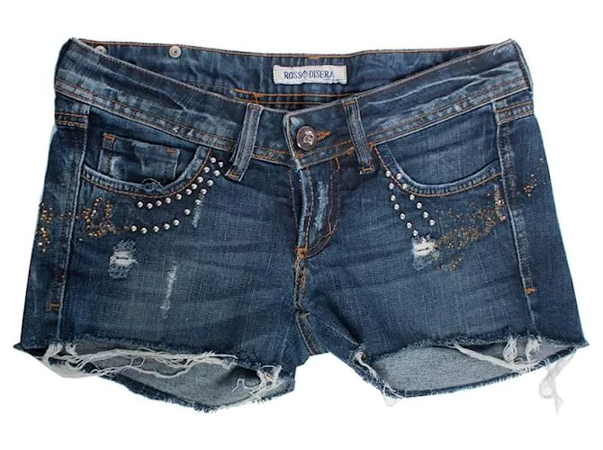 Autre Marque Ross y Disera, pantalones cortos de mezclilla con tachuelas y piedras doradas brillantes en tamaño 25/XS. Azul 