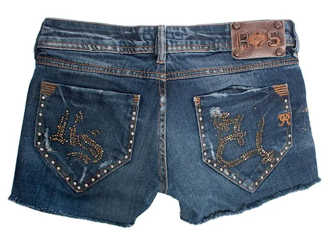 Autre Marque Ross y Disera, pantalones cortos de mezclilla con tachuelas y piedras doradas brillantes en tamaño 25/XS. Azul 