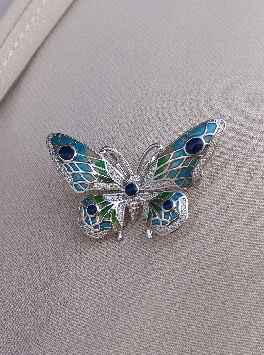 Broche de plata diseo mariposa con piedras de colores