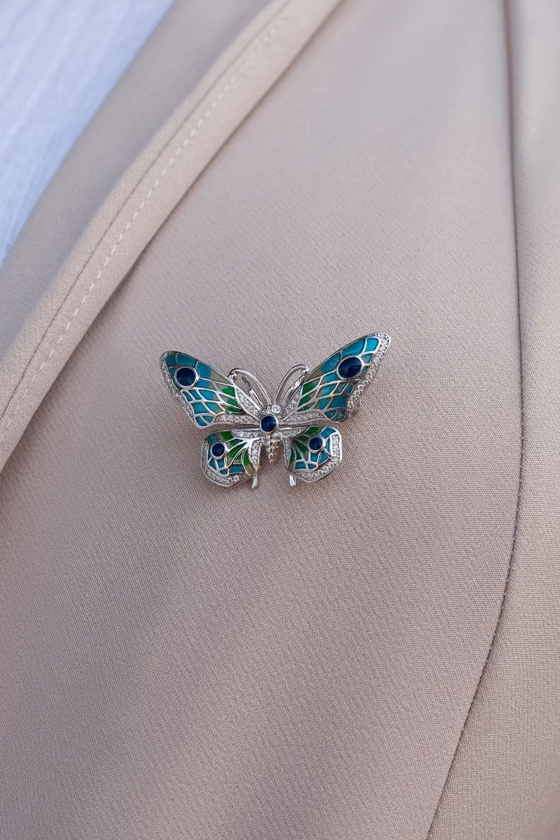 Broche de plata diseo mariposa con piedras de colores