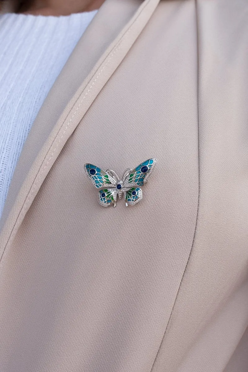 Broche de plata diseo mariposa con piedras de colores