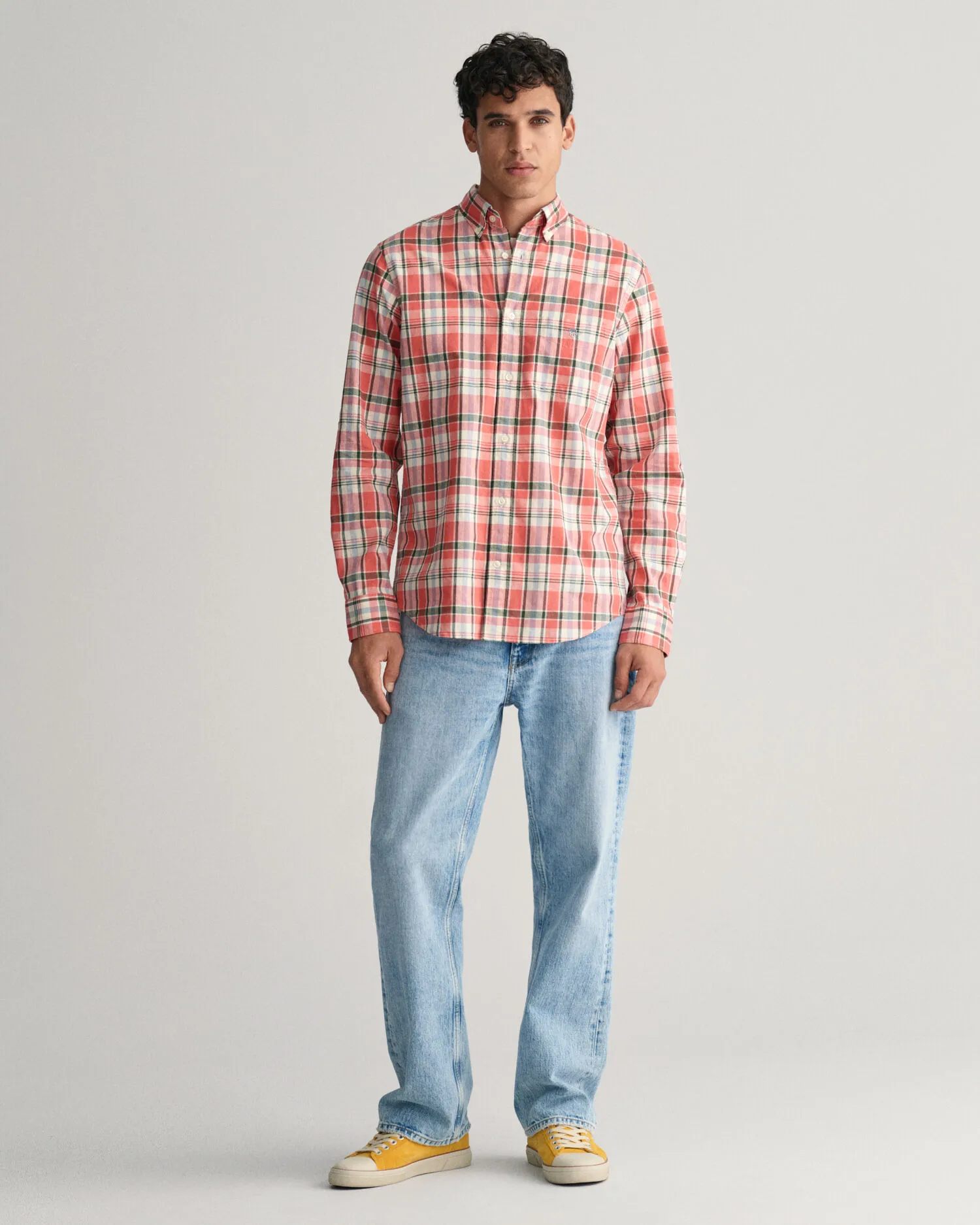 Camisa Regular Fit de lino y algodón a cuadros