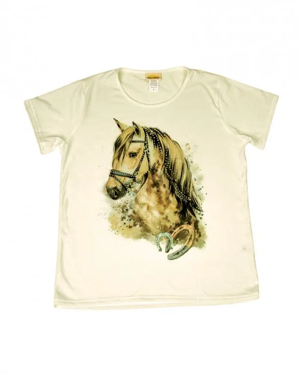 Camiseta blanca para mujer dibujo caballo con piedras brillantes
