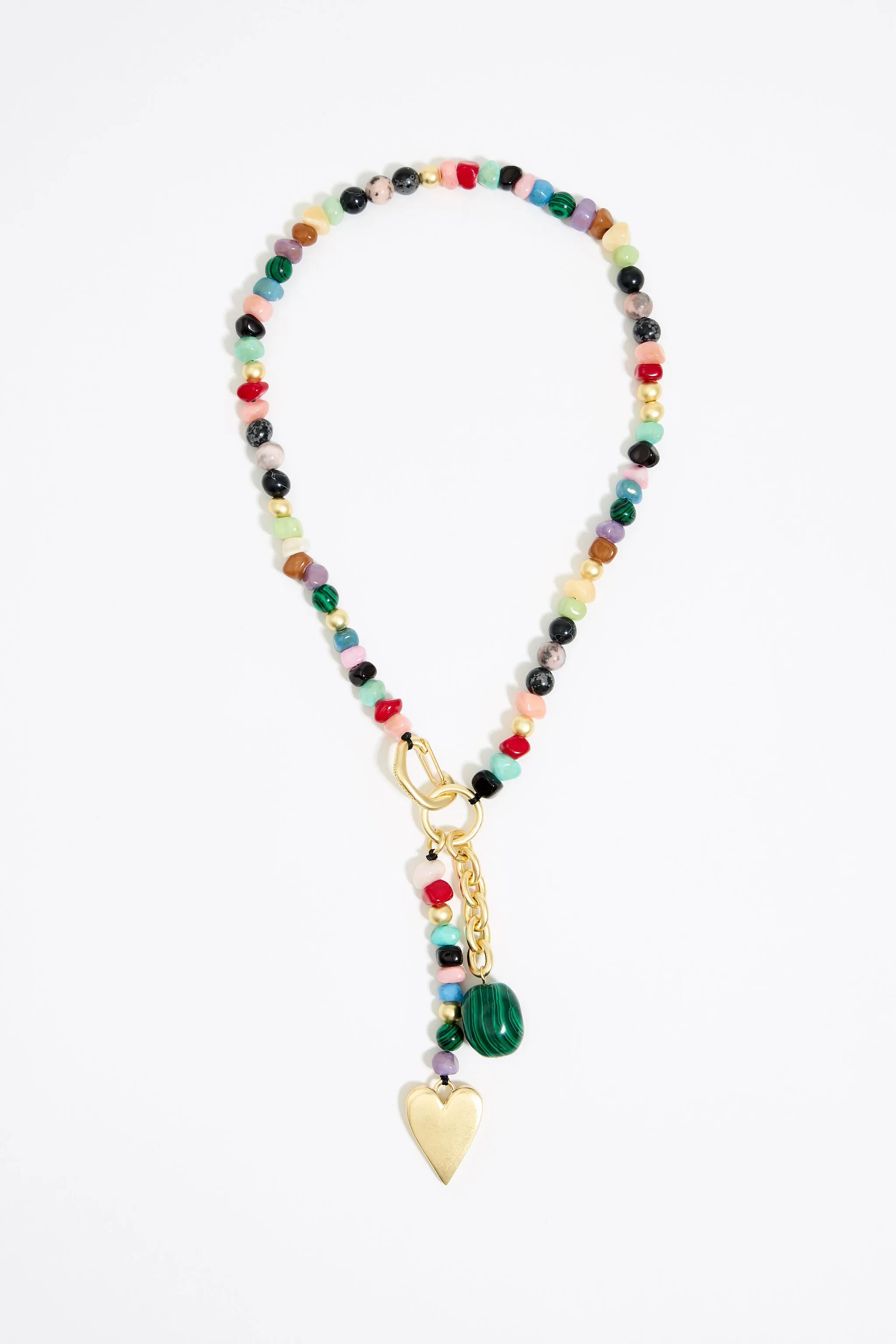 Collar largo piedras multicolor y corazón