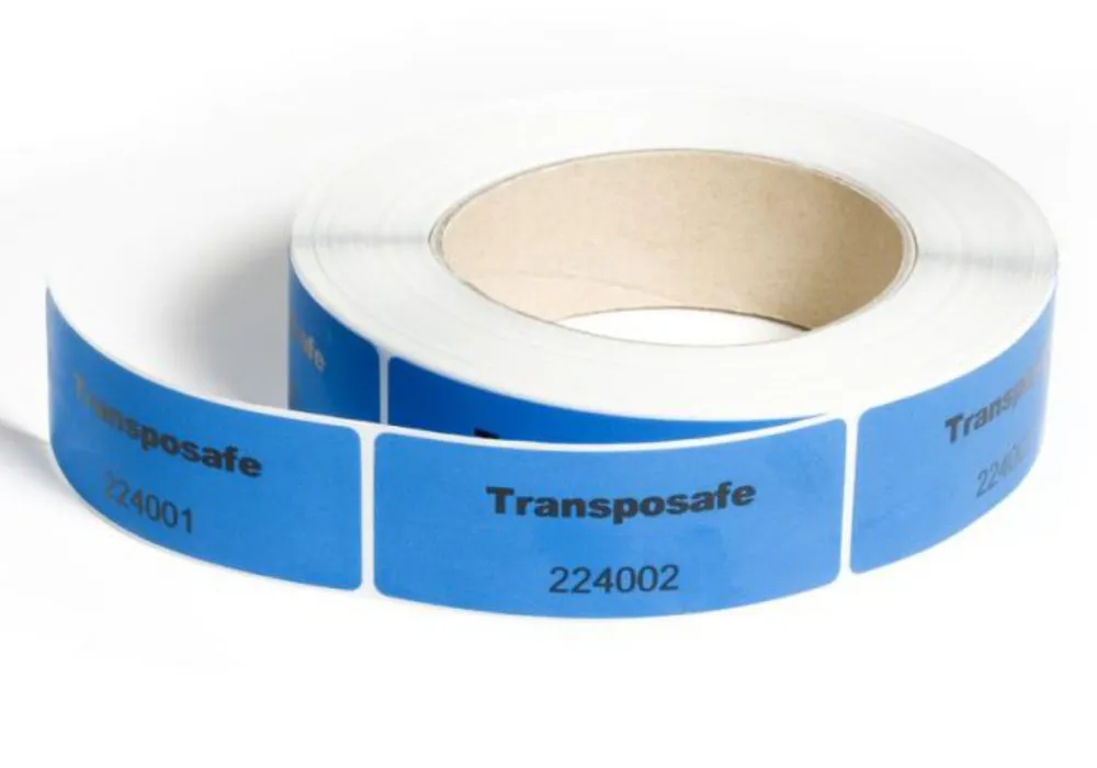 Etiqueta de seguridad Transposafe sin residuos, para precintar, azul 30 x 78 mm, 1 rollo 250 uds.