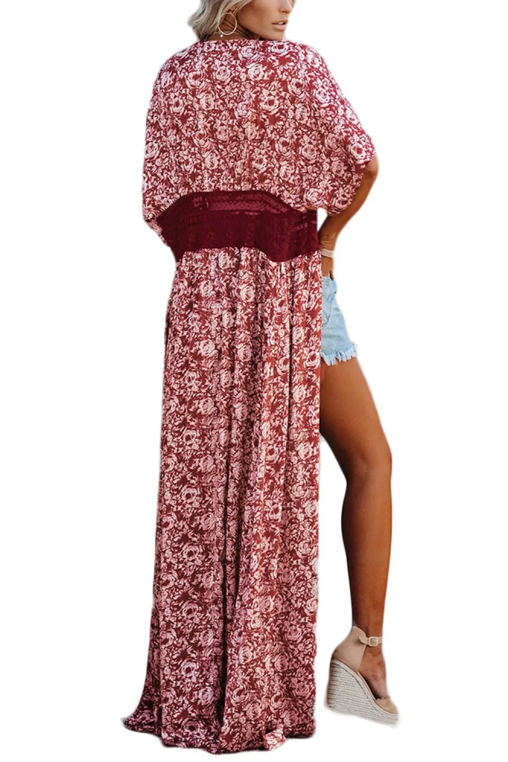 Kimono de playa rojo de corte largo