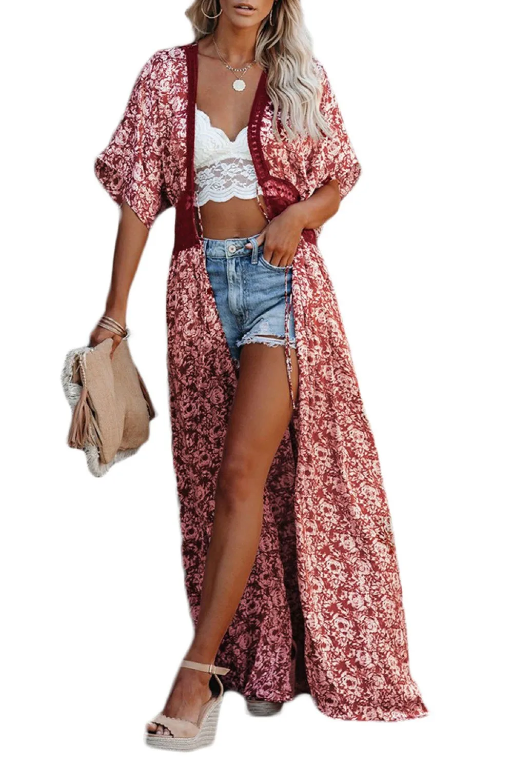 Kimono de playa rojo de corte largo
