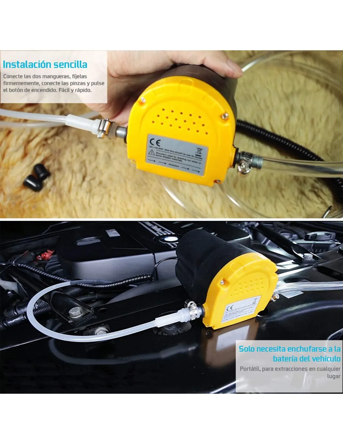 Kit para cambio de aceite de coche Bomba extractora aceite 12v 60 w + Bandeja Recodera De Aceite 6 Litros