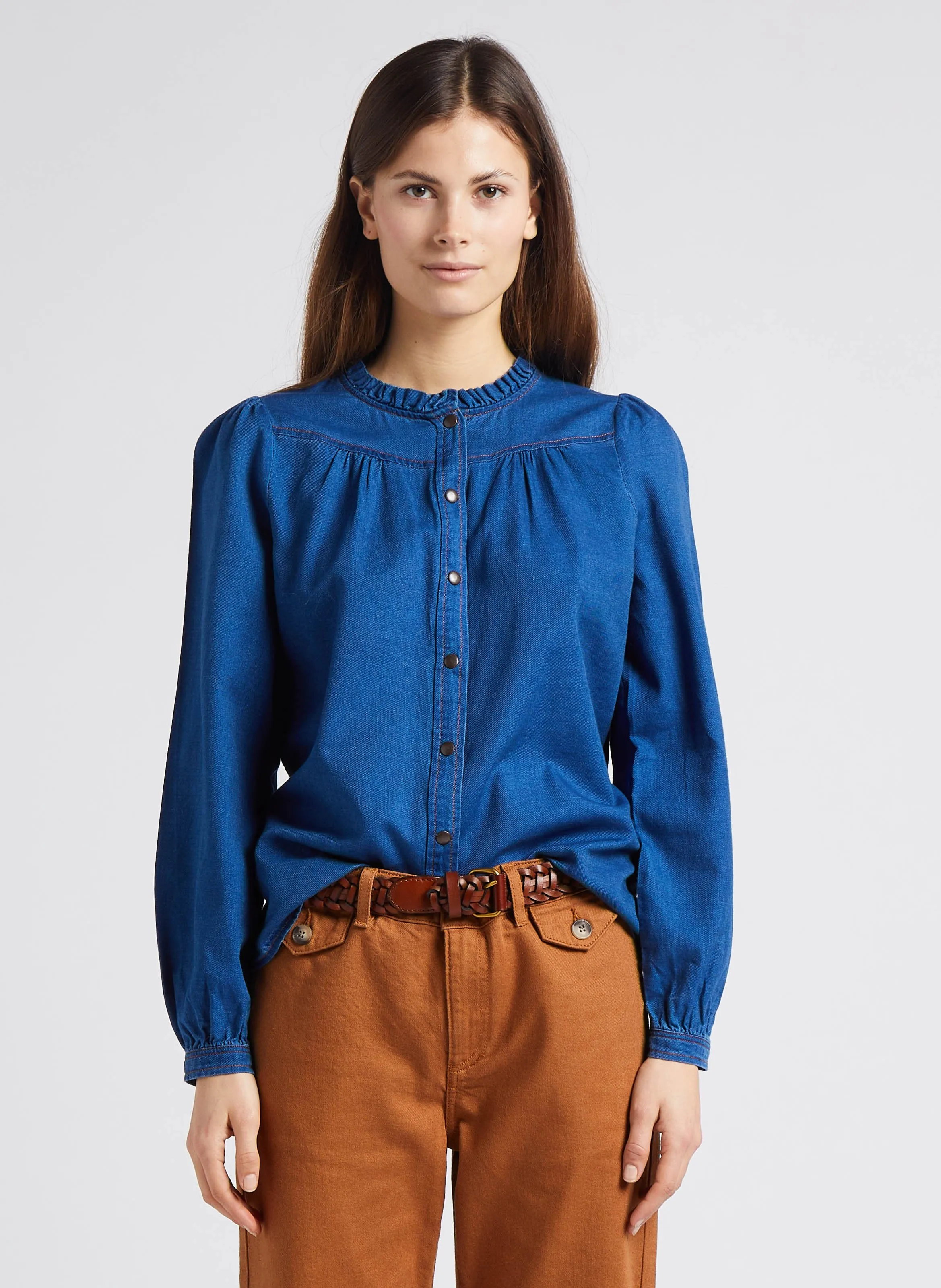 MAISON 123 CLEO  CAMISA RECTA DE ALGODóN CON CUELLO REDONDO EN AZUL