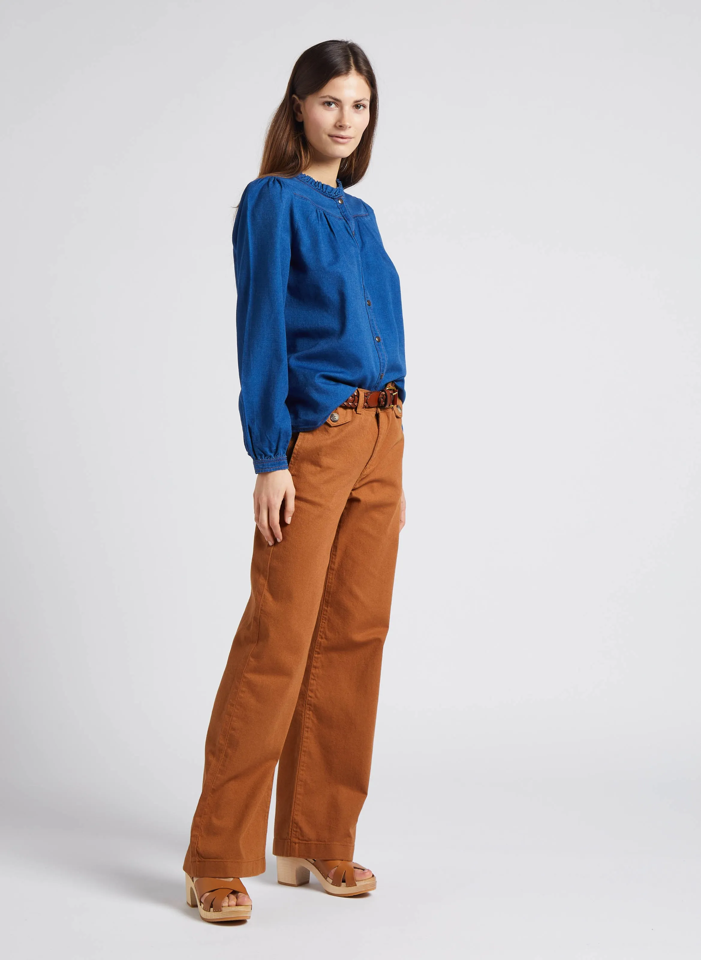 MAISON 123 CLEO  CAMISA RECTA DE ALGODóN CON CUELLO REDONDO EN AZUL