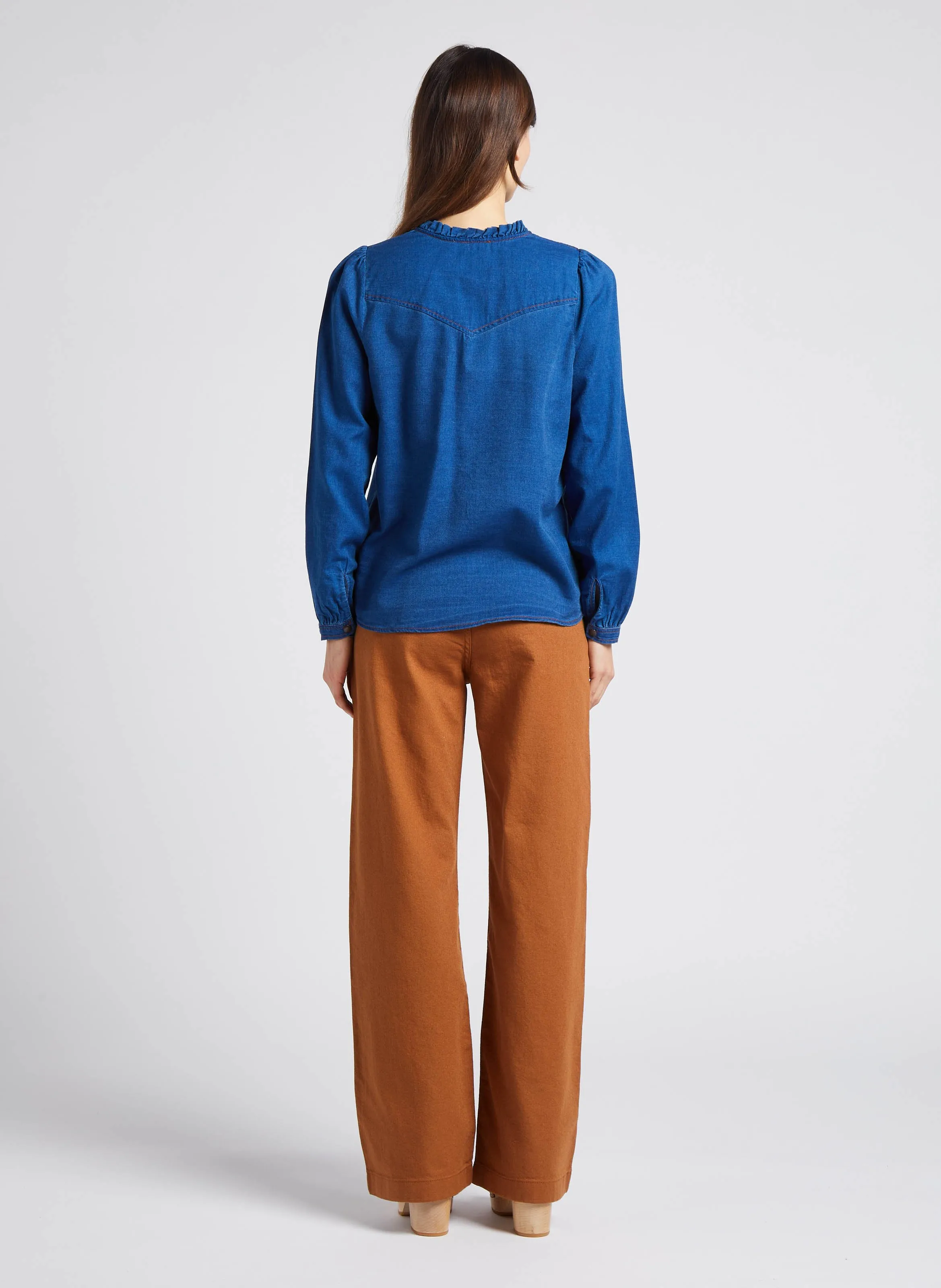MAISON 123 CLEO  CAMISA RECTA DE ALGODóN CON CUELLO REDONDO EN AZUL