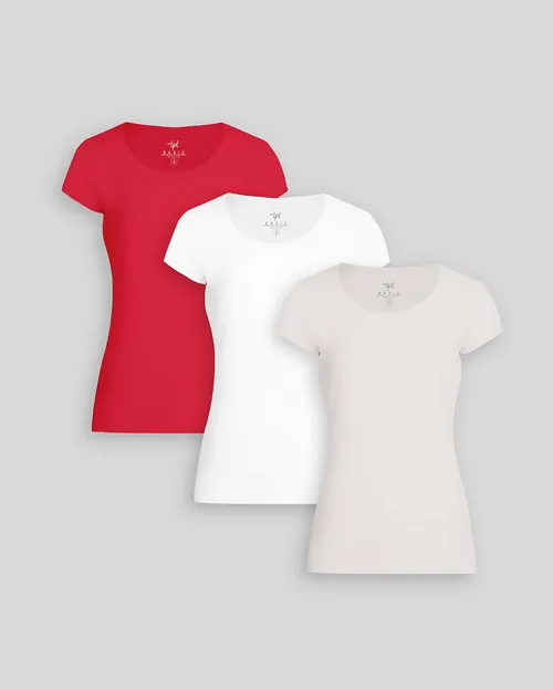 Pack de 3 polos Mujer Cuello Redondo Blanco / Coco Melange / Rojo