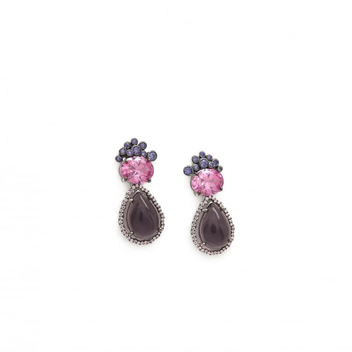 Pendientes de piedras de colores plata morados de diseo abstracto y detalles fúcsia