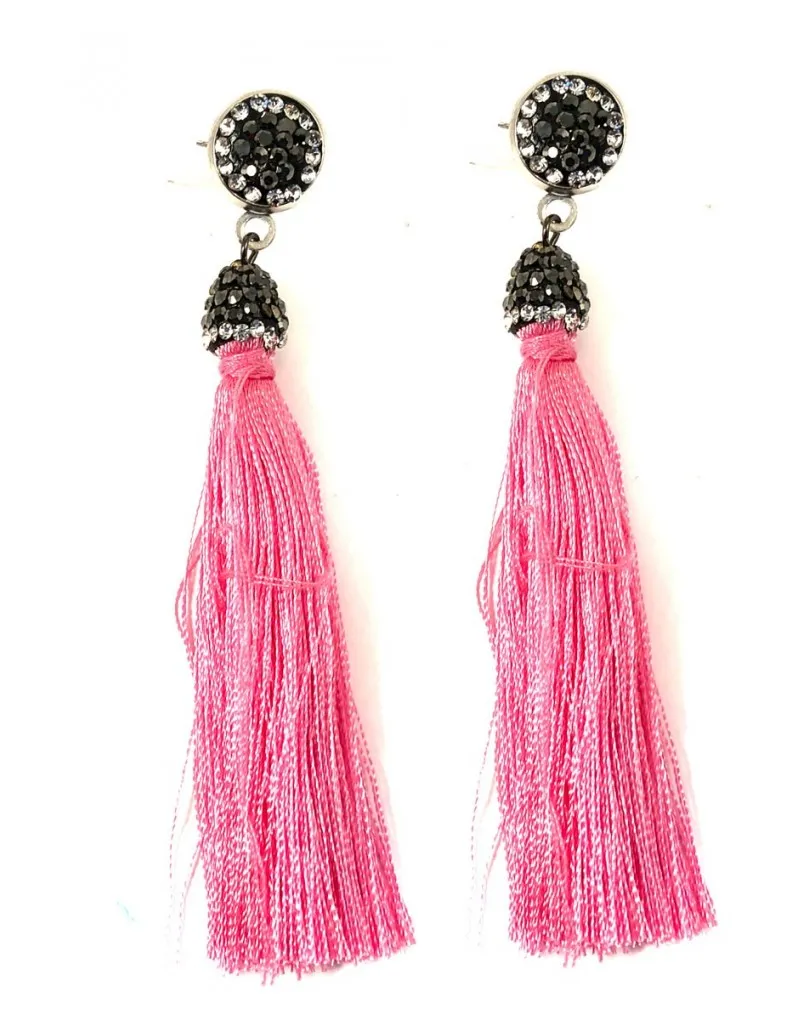 PENDIENTES LARGOS DE MODA, POMPON EN COLOR ROSA