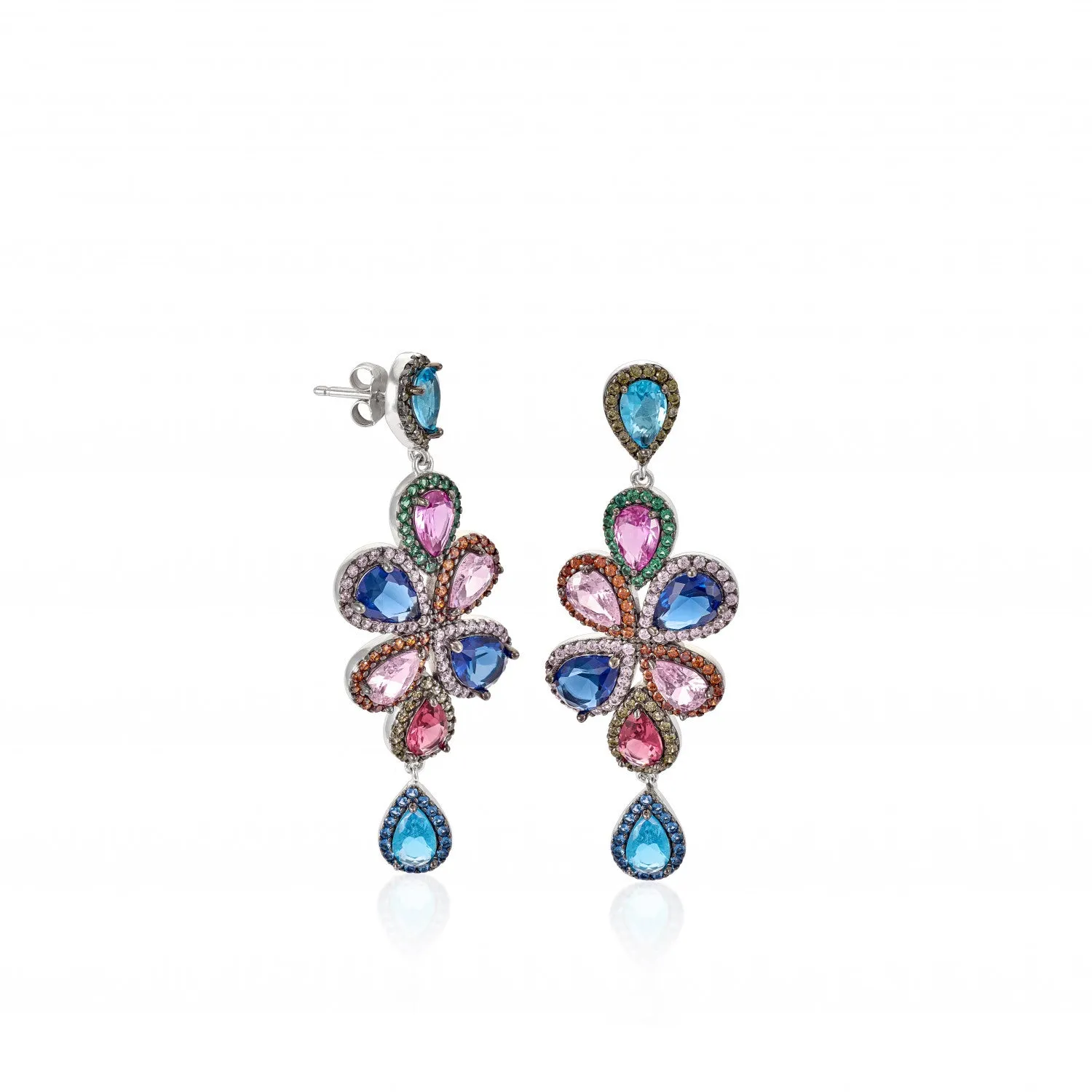 Pendientes largos de piedras de colores diseo floral