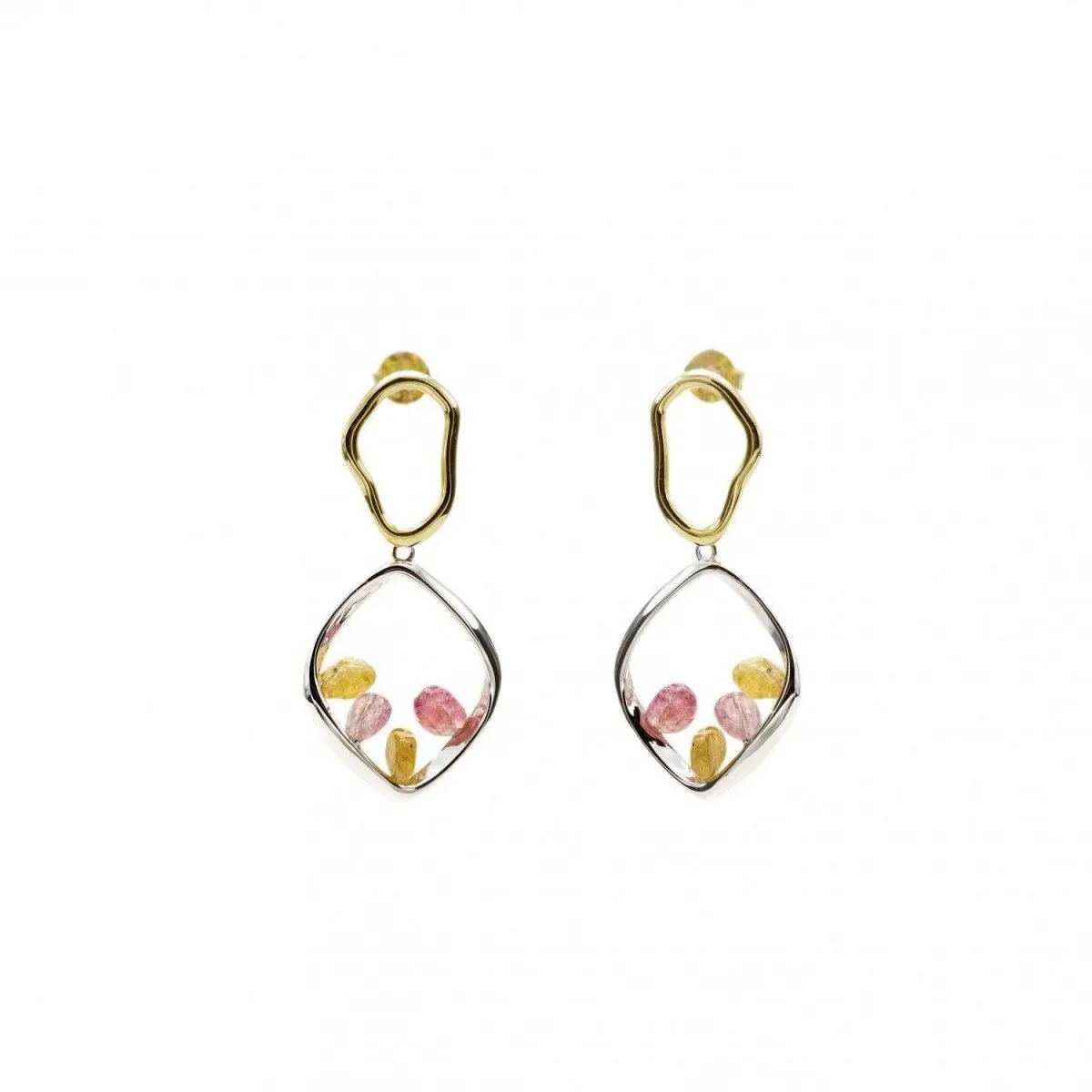 Pendientes largos de plata con piedras de colores doble rombo irregular