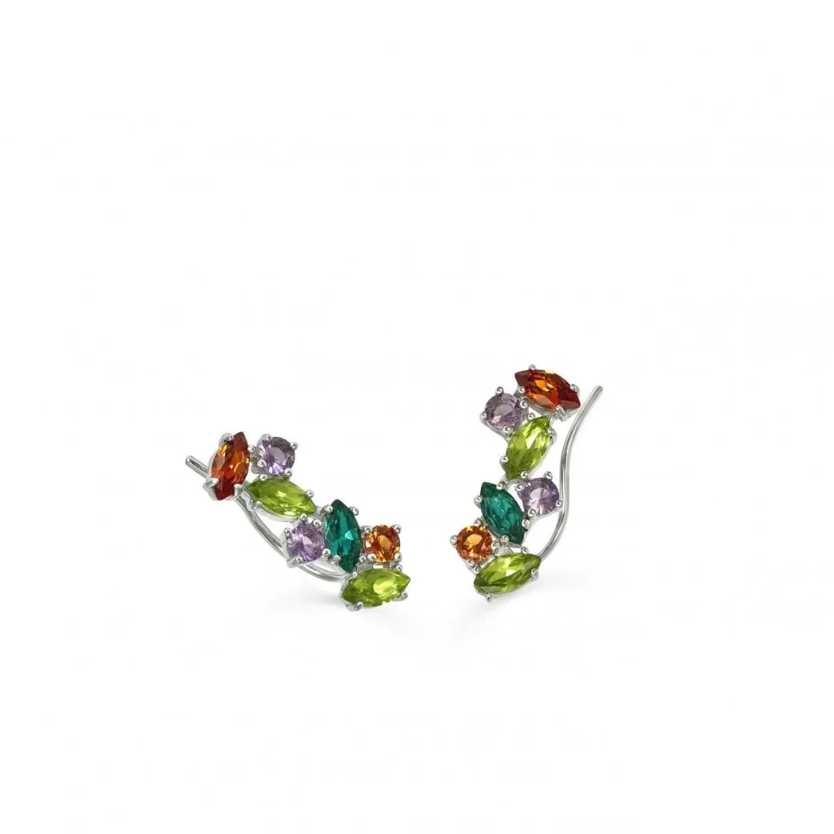 Pendientes trepadores en plata diseo piedras tono verde oscuro y lavanda
