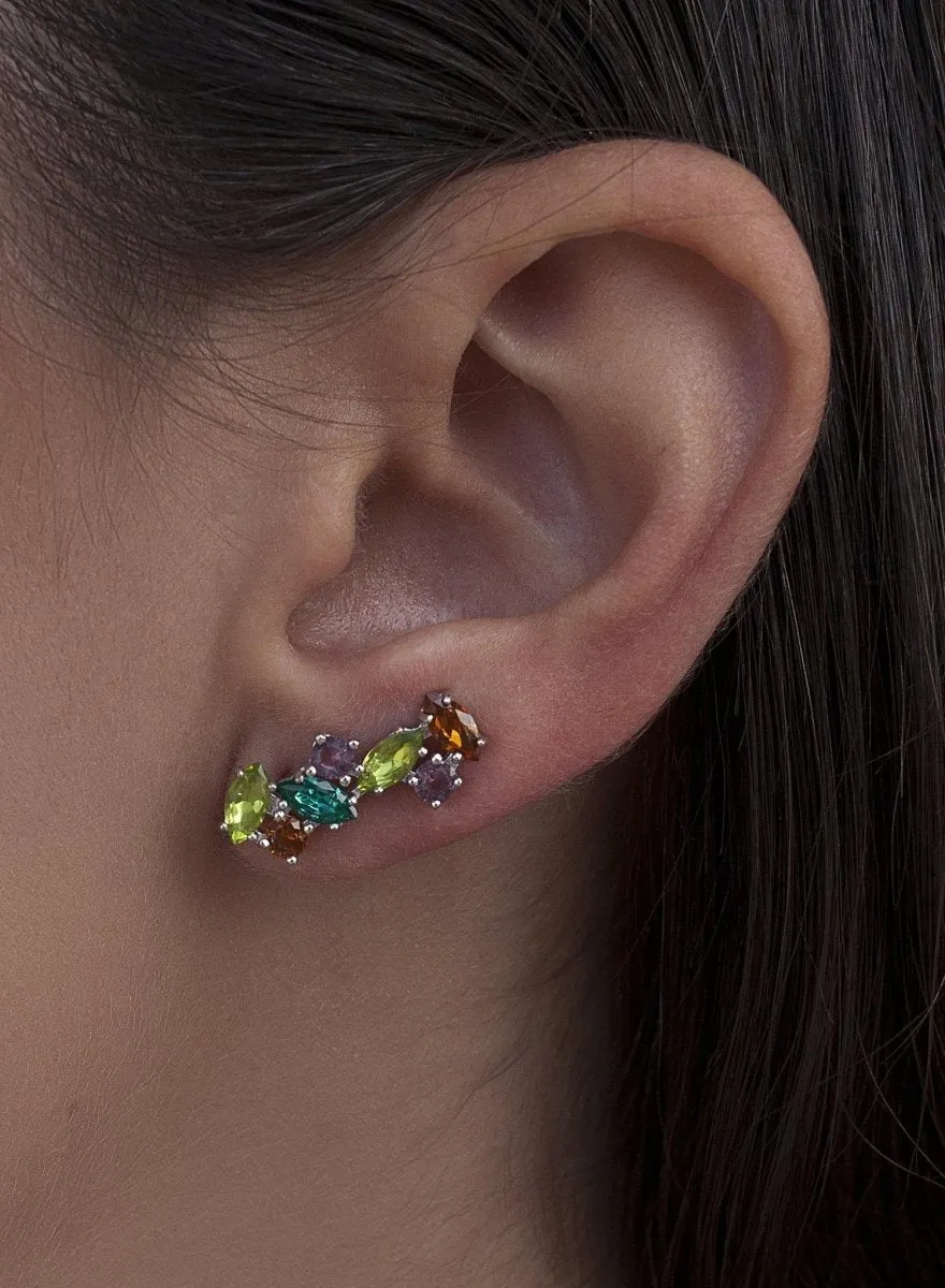 Pendientes trepadores en plata diseo piedras tono verde oscuro y lavanda