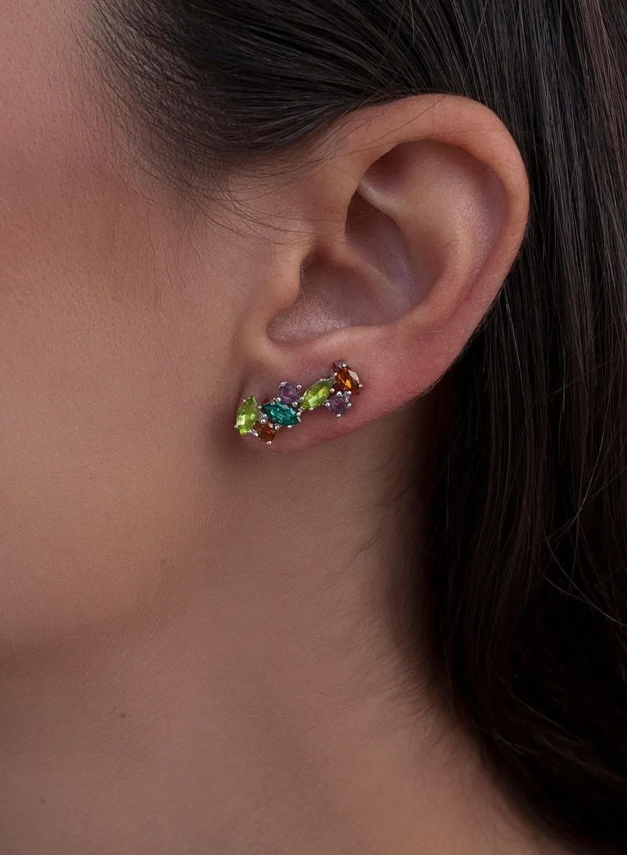 Pendientes trepadores en plata diseo piedras tono verde oscuro y lavanda