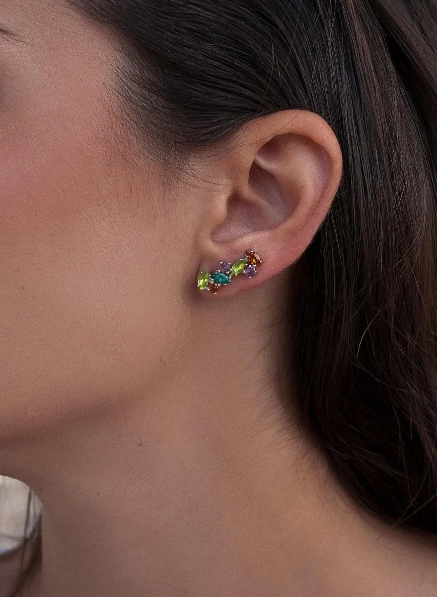 Pendientes trepadores en plata diseo piedras tono verde oscuro y lavanda