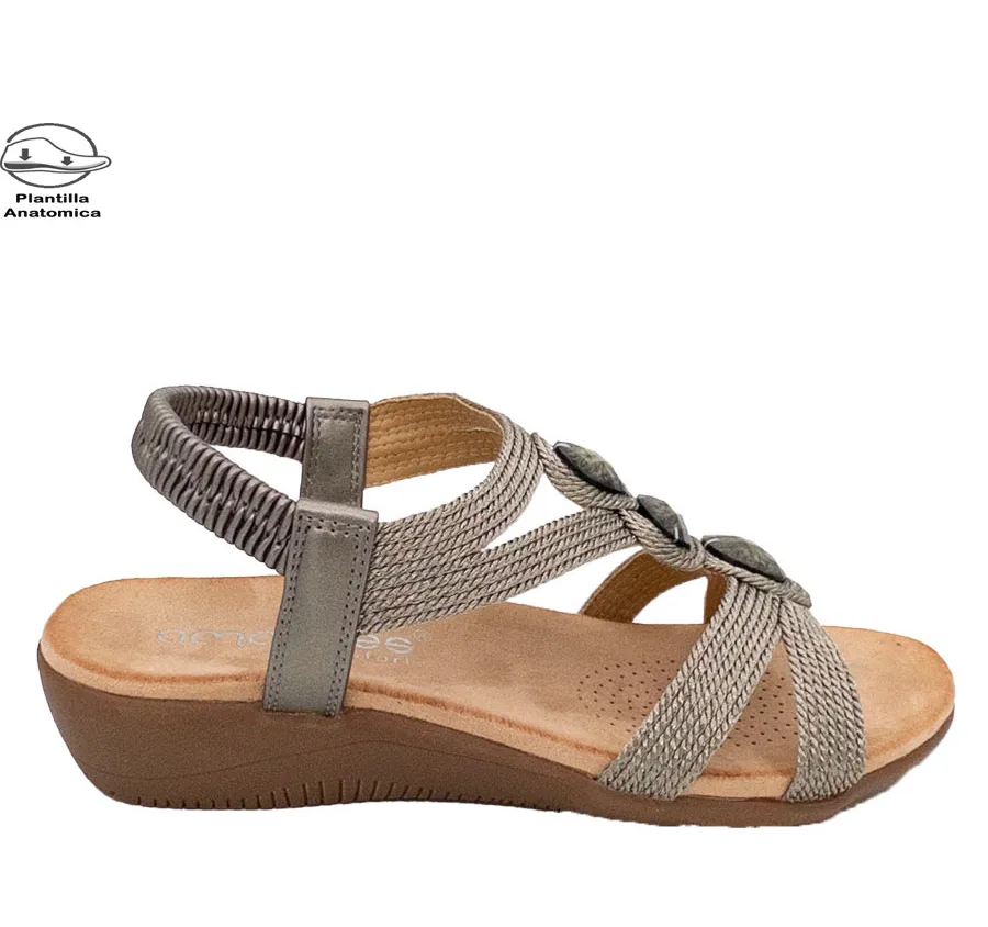 SANDALIA AMARPIES ABZ26620 ZAPATO DE MUJER TIRAS TRENZADAS PLOMO ADORNO PIEDRAS PLANTA CONFORT ACOLCHADA 28492