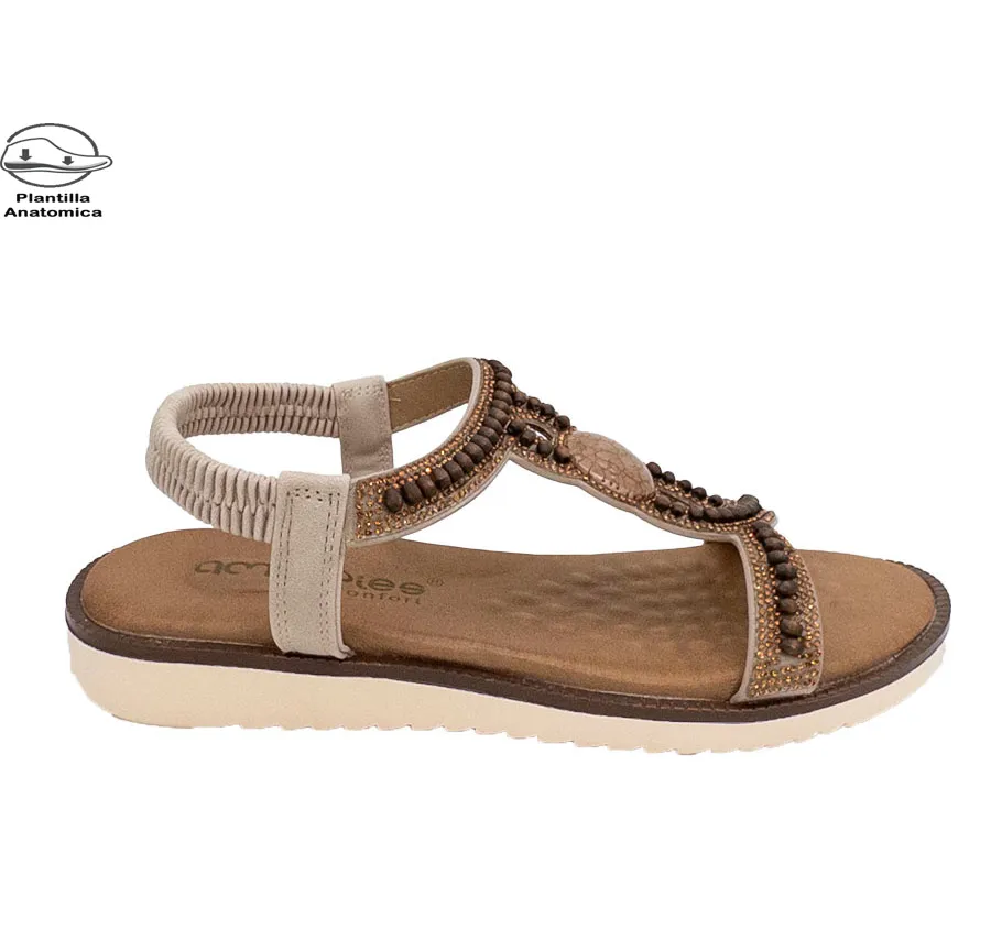 SANDALIA AMARPIES ABZ26663 ZAPATO DE MUJER TIRAS ADORNO PIEDRAS BEIG PLANTA CONFORT ACOLCHADA 28494