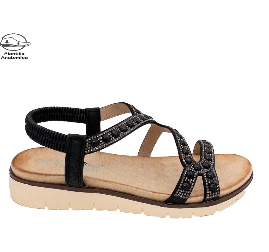 SANDALIA AMARPIES ABZ26668 ZAPATO DE MUJER TIRAS ADORNO PIEDRAS NEGRO PLANTA CONFORT ACOLCHADA 28493