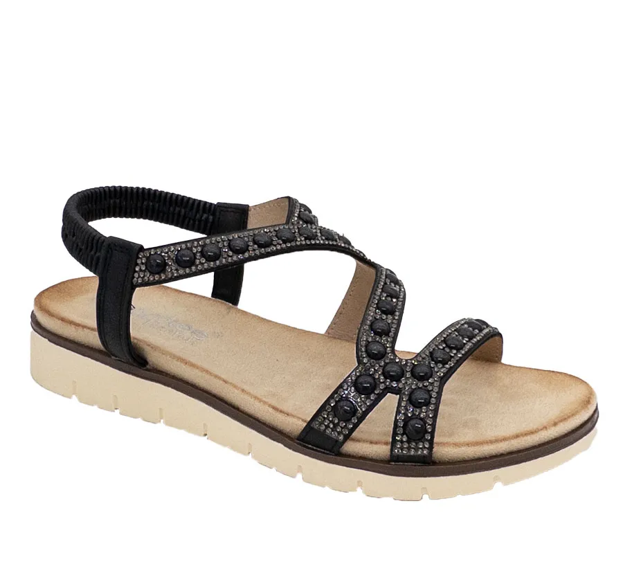 SANDALIA AMARPIES ABZ26668 ZAPATO DE MUJER TIRAS ADORNO PIEDRAS NEGRO PLANTA CONFORT ACOLCHADA 28493