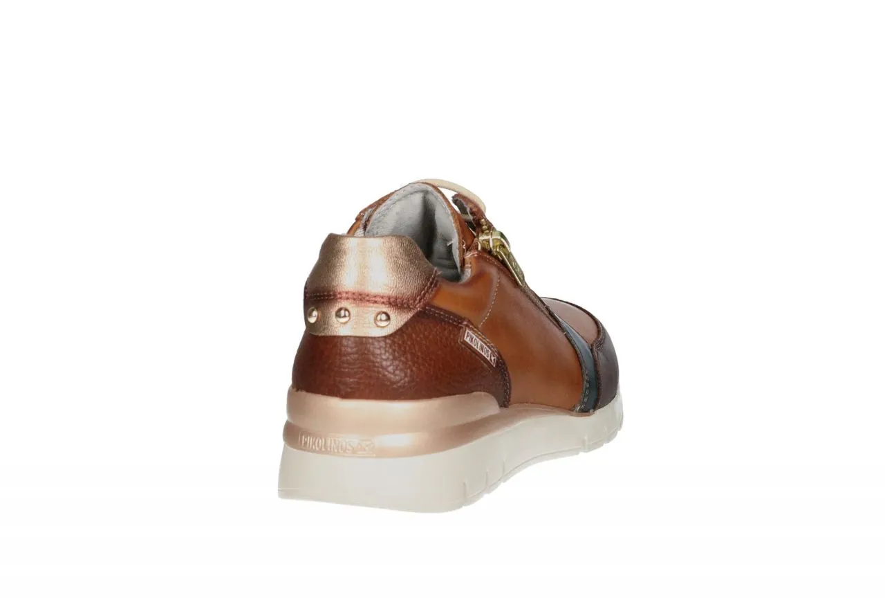 Sneaker Piel Cuero Cremallera Lateral Pieza Talon Bronce y Laterales Azul Petroleo