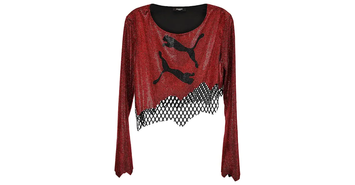 Top corto asimétrico de poliéster rojo Balmain x Puma con piedras brillantes Rhine Roja 
