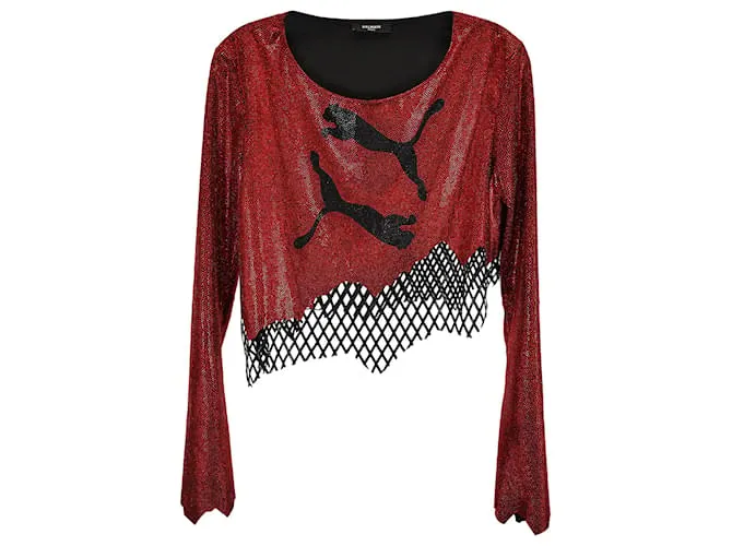 Top corto asimétrico de poliéster rojo Balmain x Puma con piedras brillantes Rhine Roja 