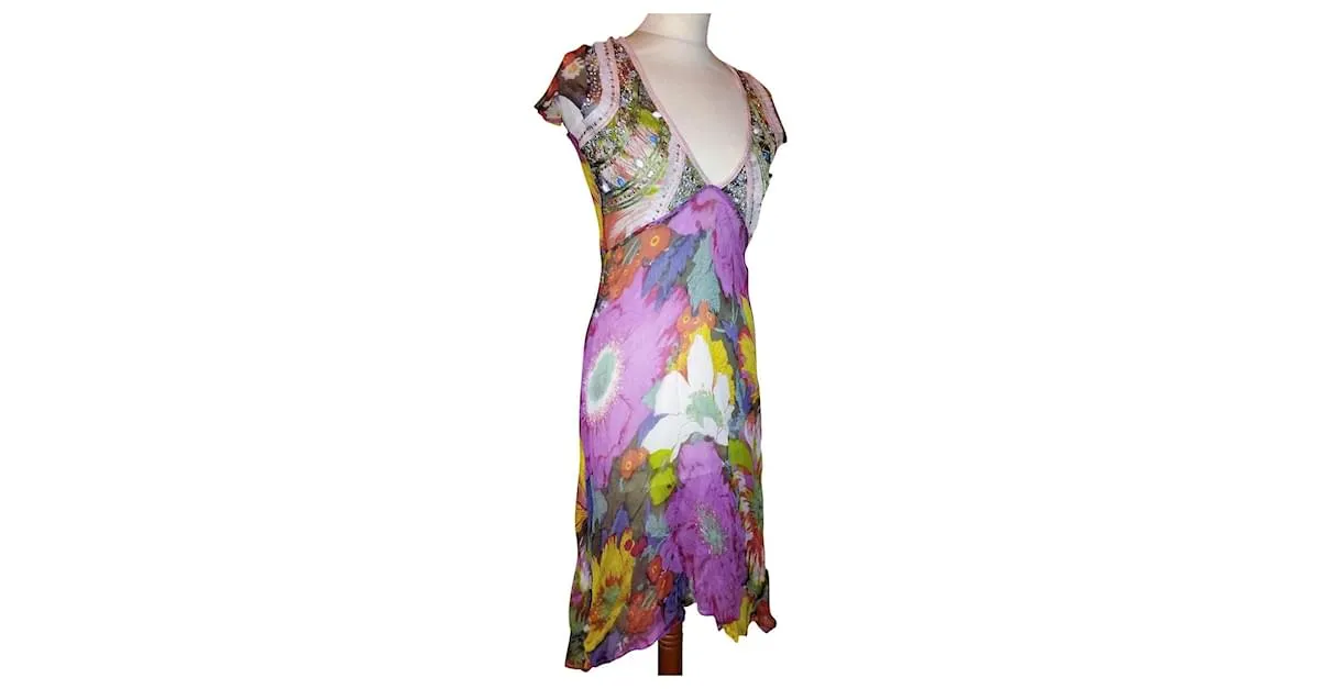 VESTIDO ANTIK BATIK VESTIDO PALM BEACH SEDA PIEDRAS BORLAS CRENOLINE TS 36 Rosa 
