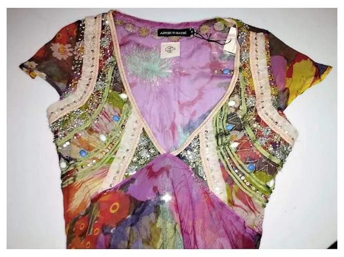 VESTIDO ANTIK BATIK VESTIDO PALM BEACH SEDA PIEDRAS BORLAS CRENOLINE TS 36 Rosa 