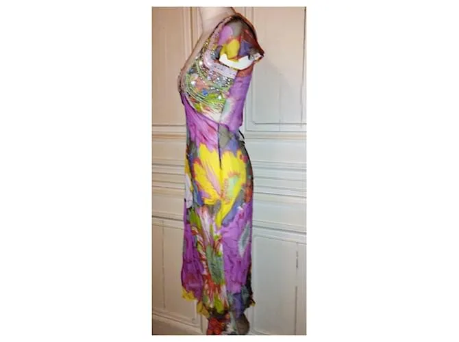 VESTIDO ANTIK BATIK VESTIDO PALM BEACH SEDA PIEDRAS BORLAS CRENOLINE TS 36 Rosa 
