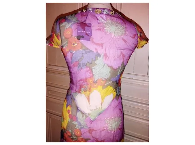 VESTIDO ANTIK BATIK VESTIDO PALM BEACH SEDA PIEDRAS BORLAS CRENOLINE TS 36 Rosa 