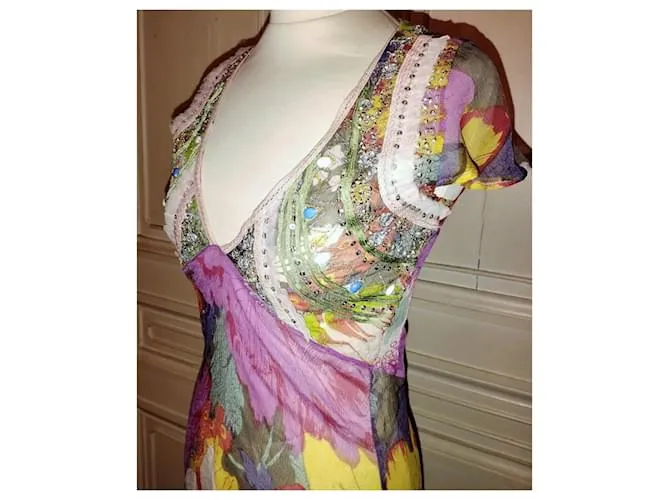 VESTIDO ANTIK BATIK VESTIDO PALM BEACH SEDA PIEDRAS BORLAS CRENOLINE TS 36 Rosa 