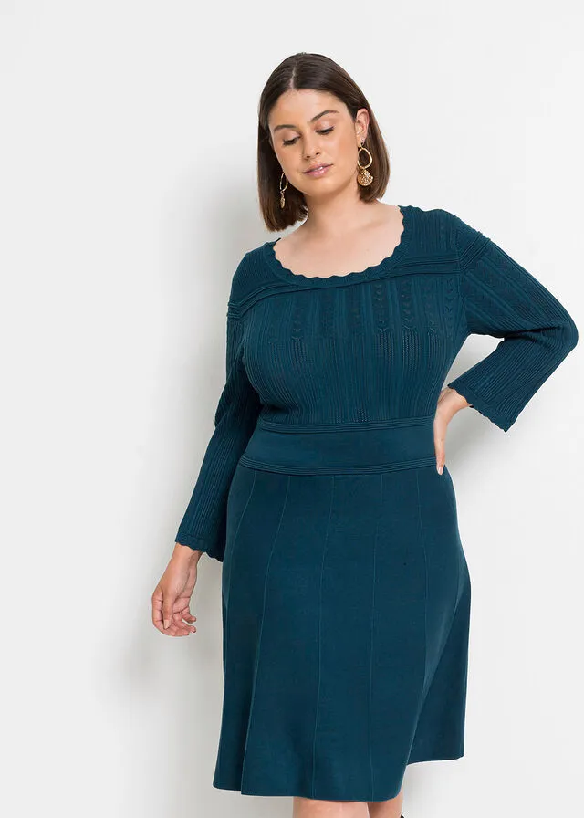 Vestido de punto con patrón ajour y viscosa sostenible Azul petróleo