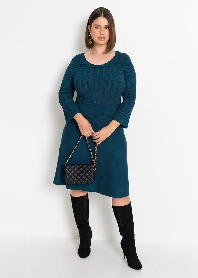 Vestido de punto con patrón ajour y viscosa sostenible Azul petróleo