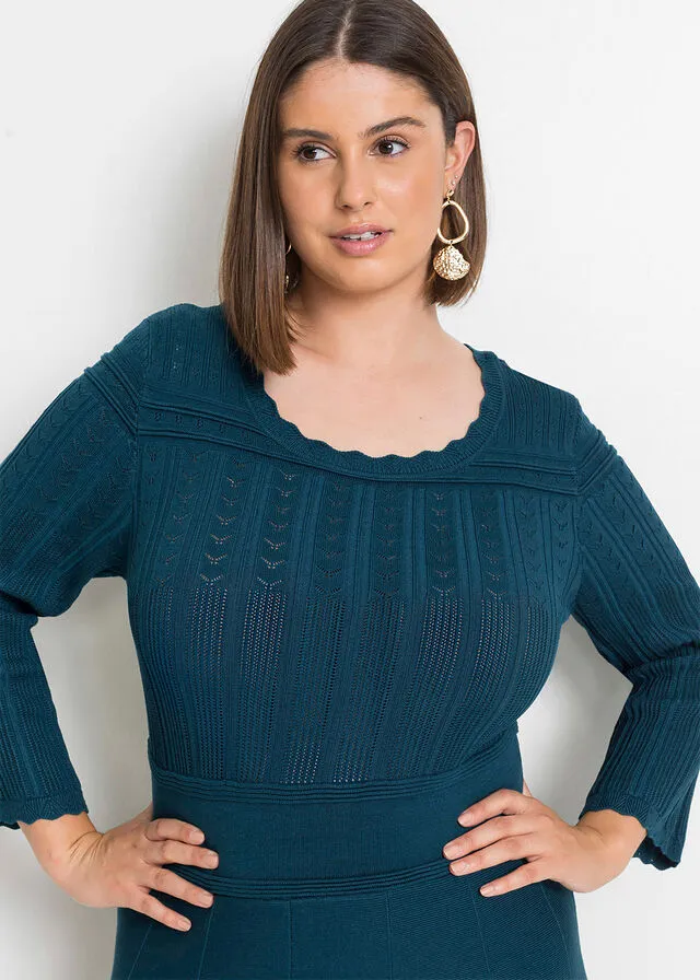 Vestido de punto con patrón ajour y viscosa sostenible Azul petróleo