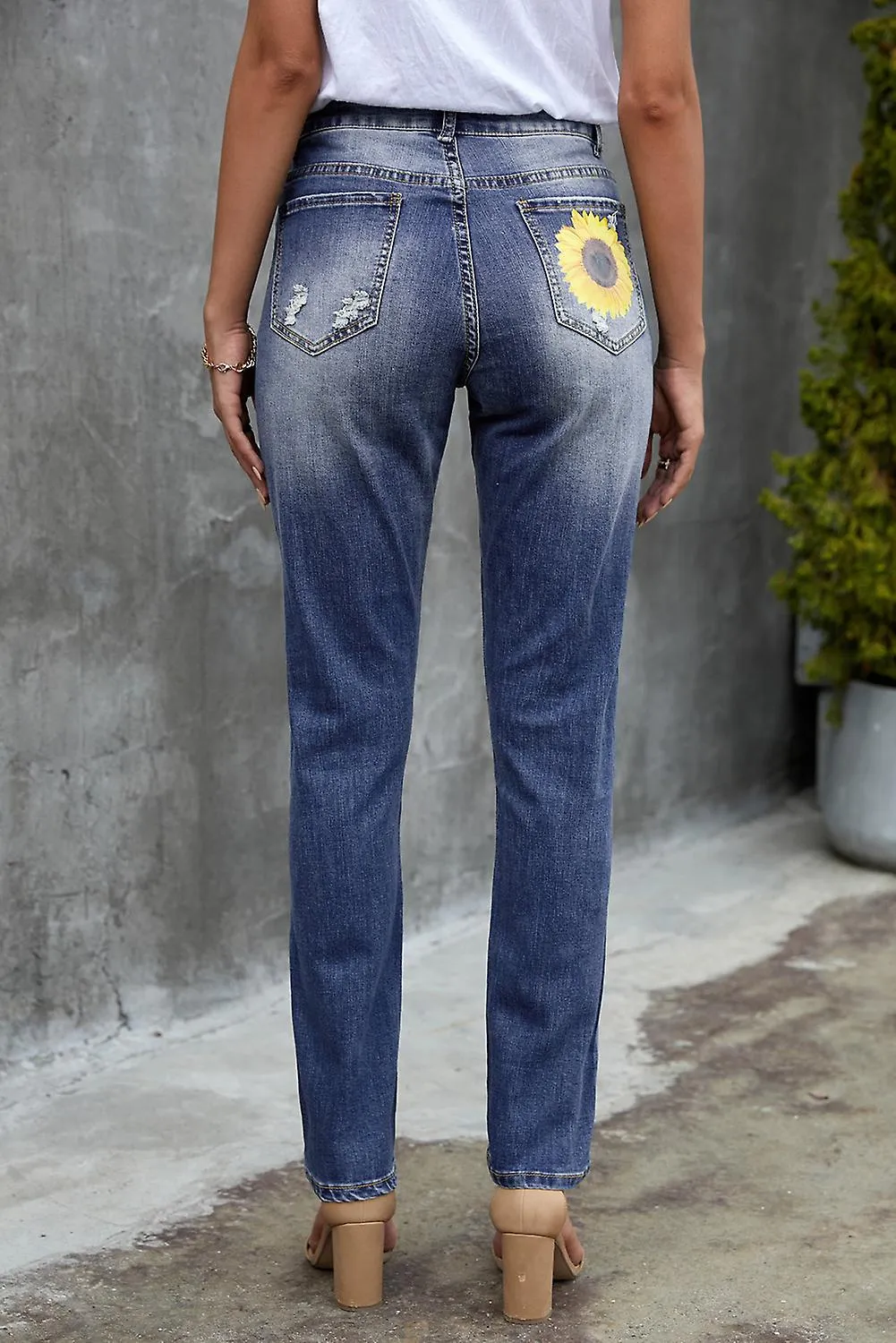Women's Leopard Patchwork Sunflower Print Distressed High Waist Jeans