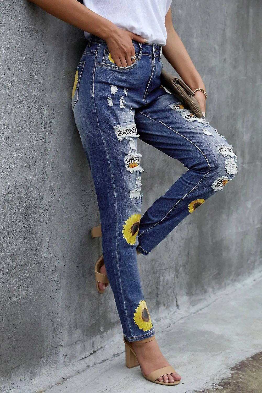 Women's Leopard Patchwork Sunflower Print Distressed High Waist Jeans