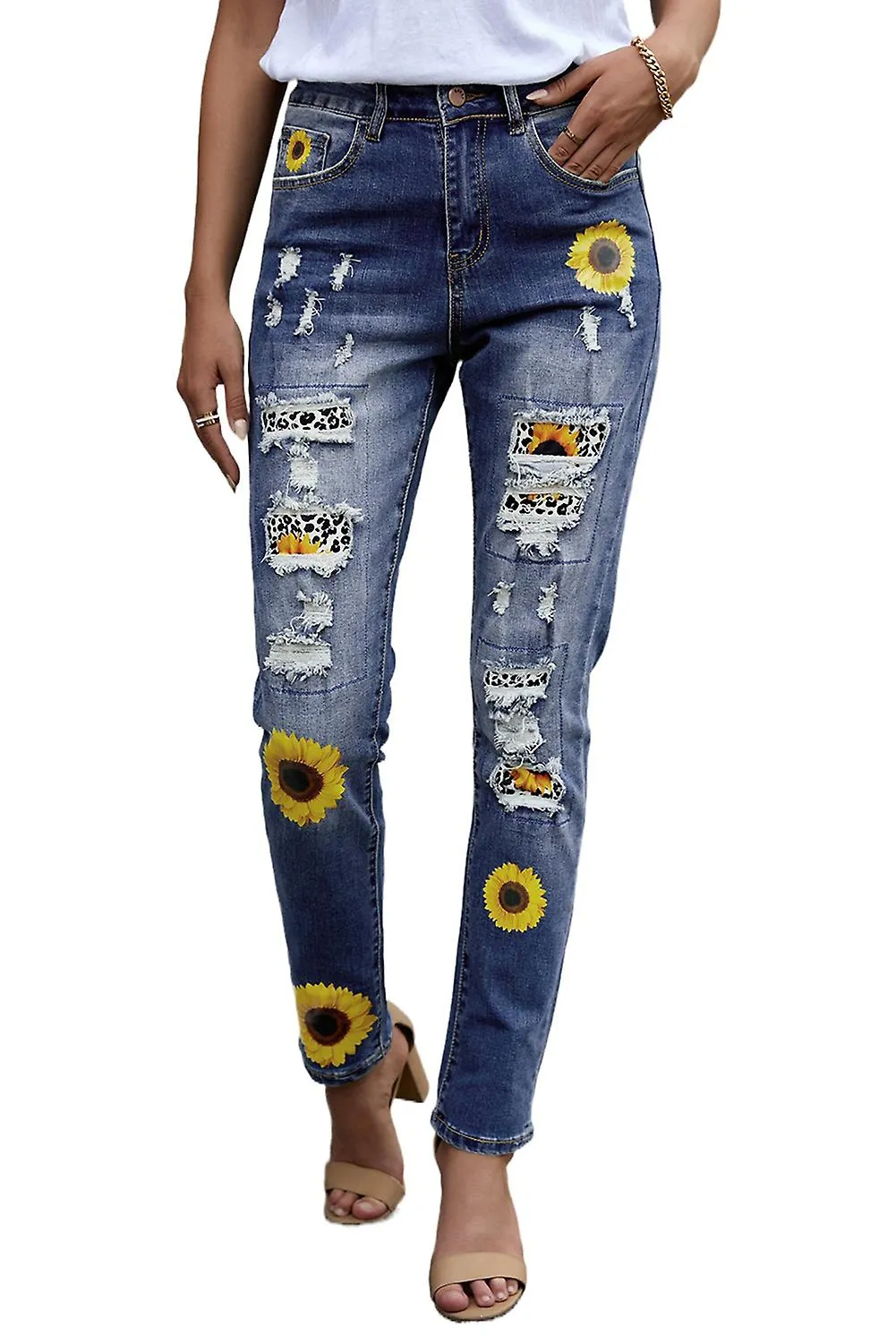 Women's Leopard Patchwork Sunflower Print Distressed High Waist Jeans