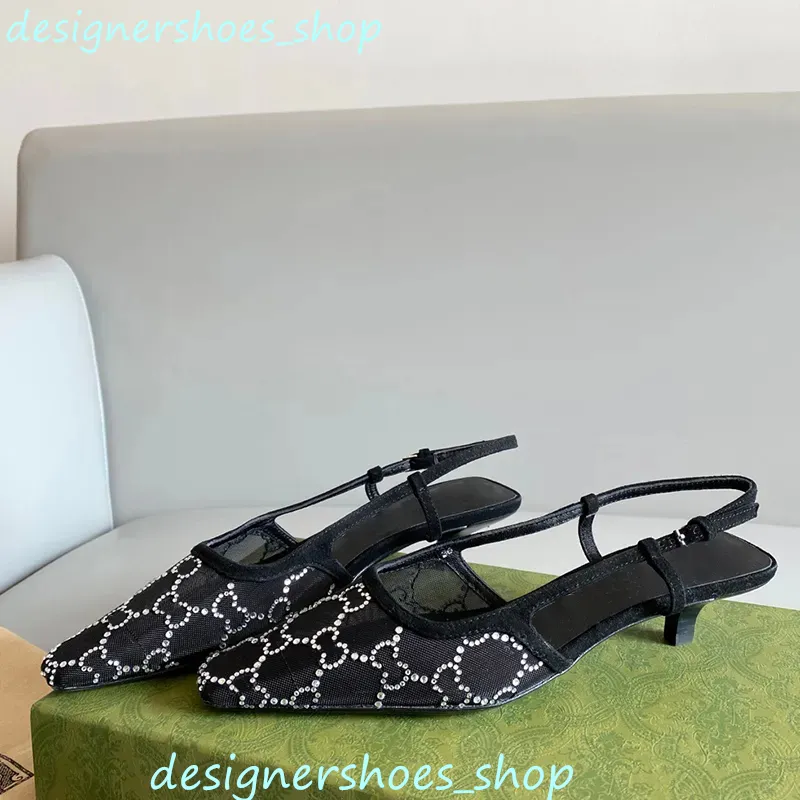 Zapatos de vestir de lujo Zapatos con cordones de corte poco profundo Sandalias Slingback Tacón medio Malla negra con cristales 