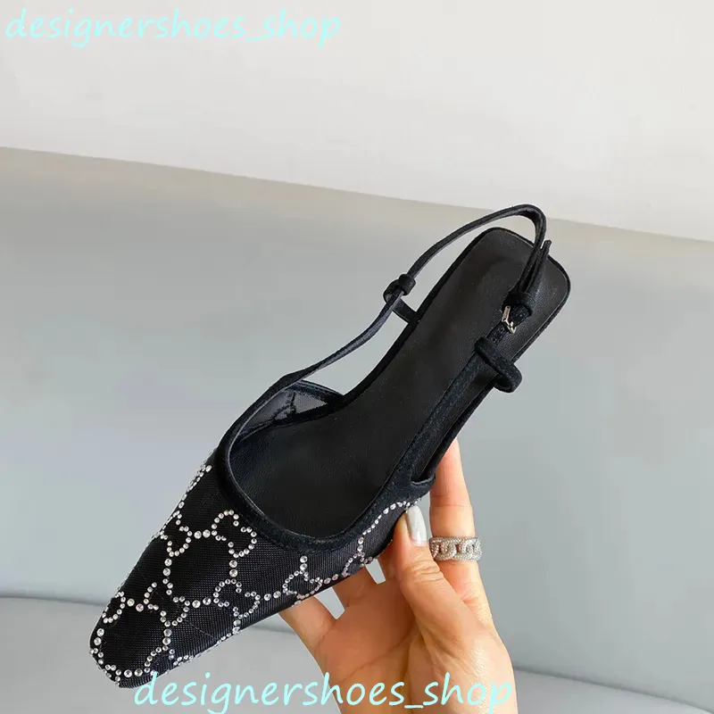 Zapatos de vestir de lujo Zapatos con cordones de corte poco profundo Sandalias Slingback Tacón medio Malla negra con cristales 