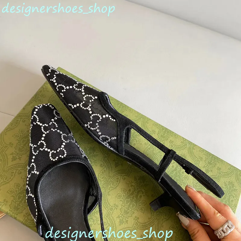 Zapatos de vestir de lujo Zapatos con cordones de corte poco profundo Sandalias Slingback Tacón medio Malla negra con cristales 