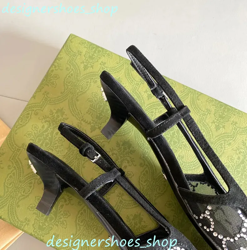 Zapatos de vestir de lujo Zapatos con cordones de corte poco profundo Sandalias Slingback Tacón medio Malla negra con cristales 