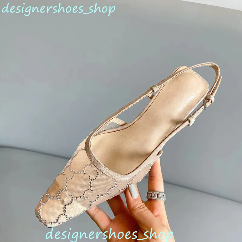 Zapatos de vestir de lujo Zapatos con cordones de corte poco profundo Sandalias Slingback Tacón medio Malla negra con cristales 